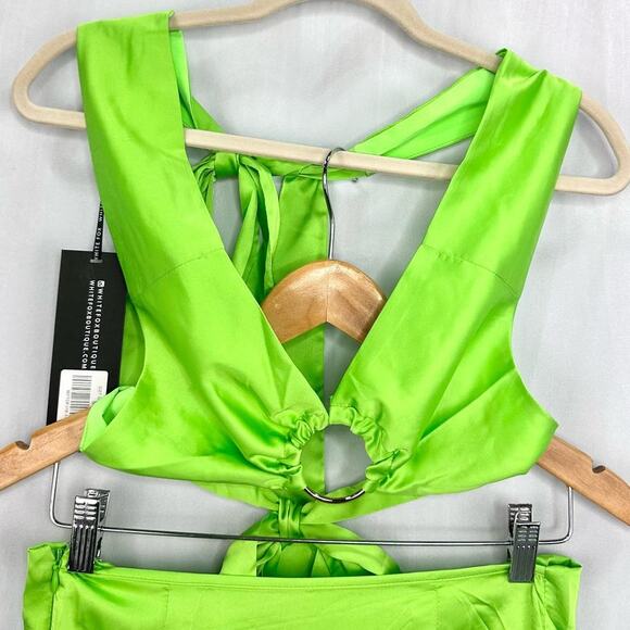 White Fox Got Game 2 Piece Satin Maxi Skirt & Crop Top Set Lime Green XS NWT - Picture 4 of 11